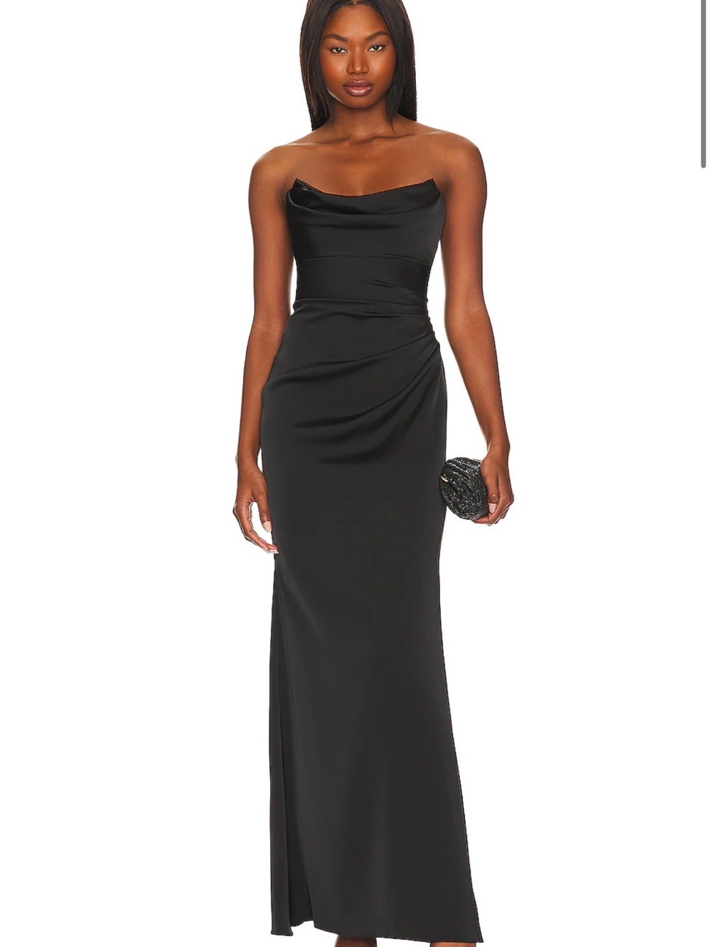 Katie May Black Strapless Satin Cowl Evening Gown
